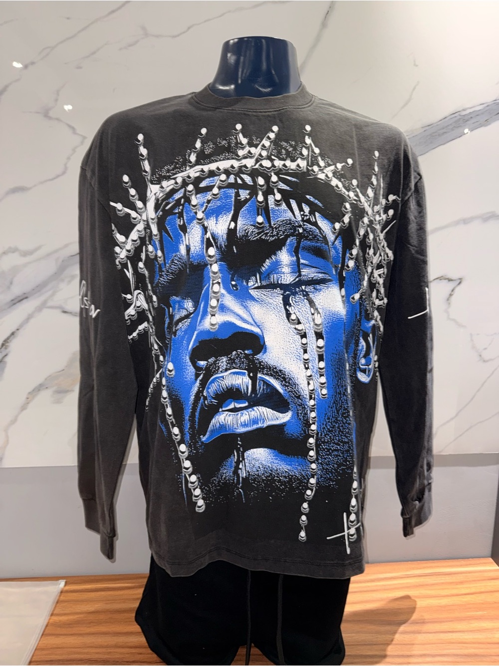 Black Long-Sleeve Graphic Tee with Blue Portrait Artwork